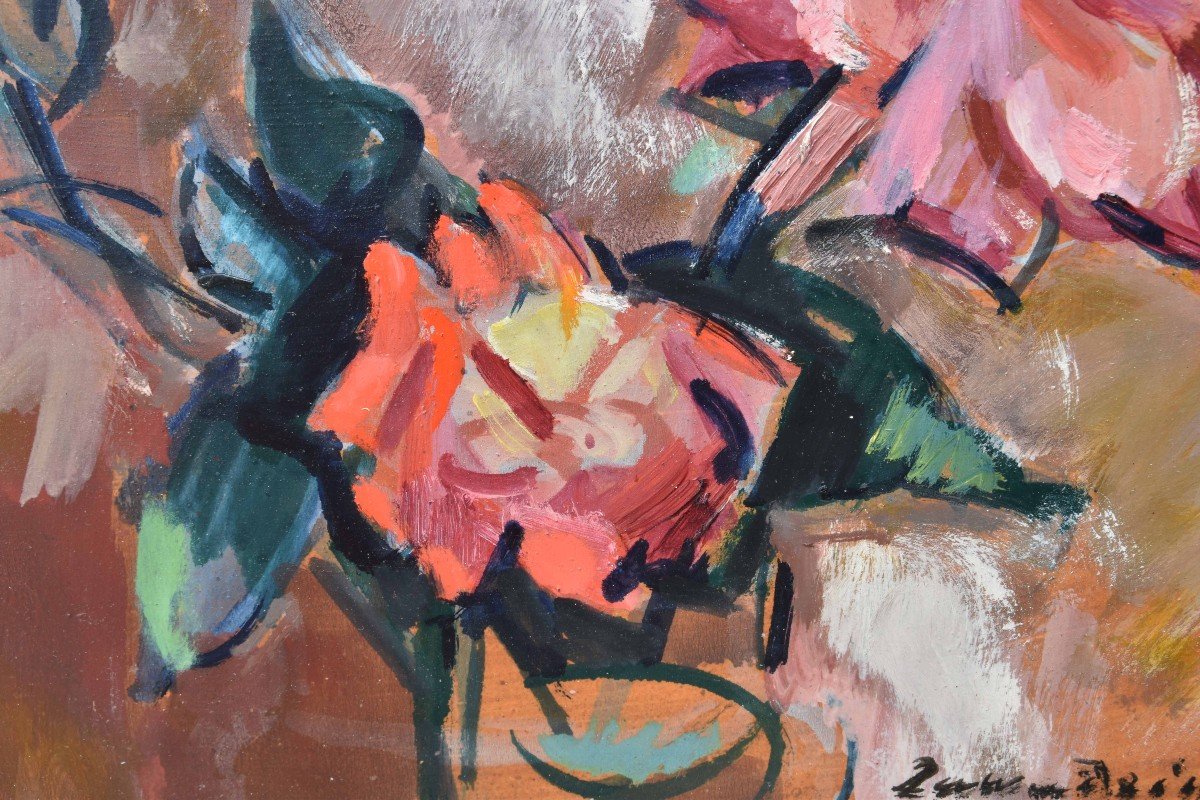 Czeslaw Zawadzinski "bouquet Of Roses" Oil On Cardboard 33x41-photo-2